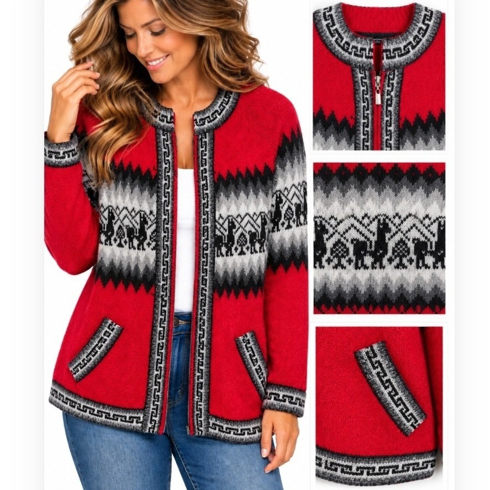 Alpaca Peruvian Fair Isle Cardigan Jacket Wool Red Gray Llama Motif Medium New